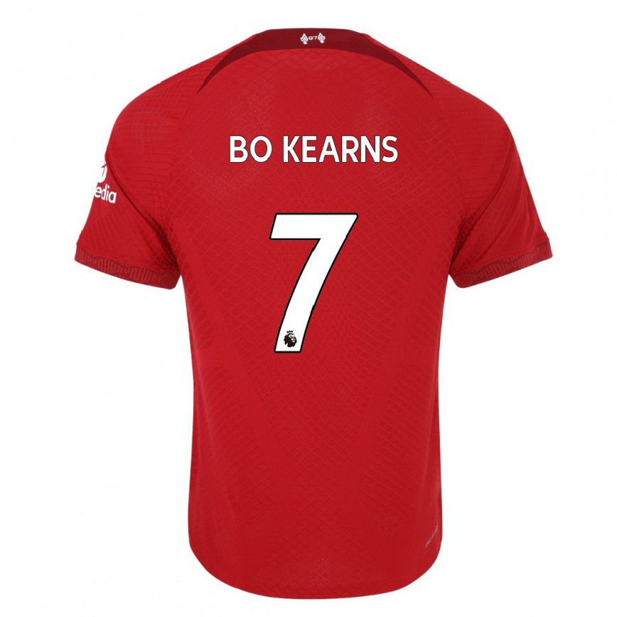キッズフットボールミッシー・ボー・カーンズ#7濃い赤ホームシャツ2022/23ジャージーユニフォーム