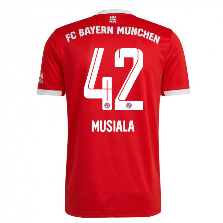 レディースフットボールジャマル・ムシアラ#42ネオンレッド ホワイトホームシャツ2022/23ジャージーユニフォーム