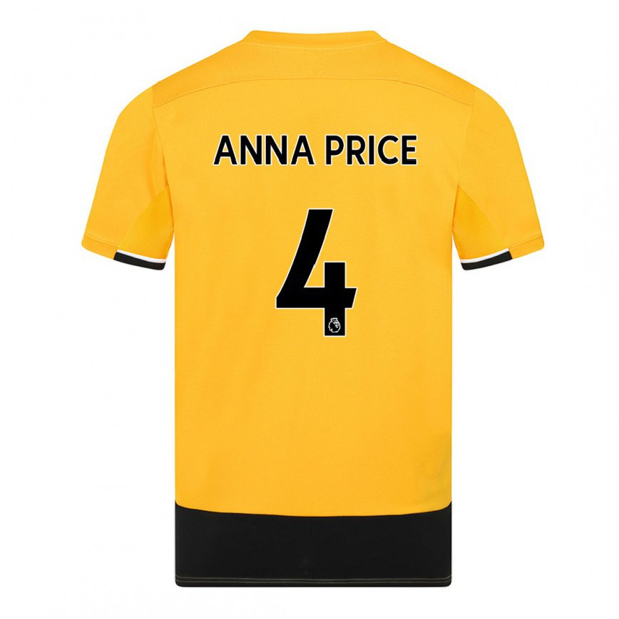 レディースフットボールアンナ・プライス#4イエロー ブラックホームシャツ2022/23ジャージーユニフォーム