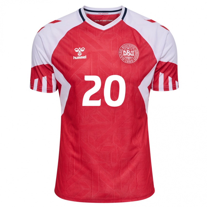 キッズフットボールデンマークユスフ・ポウルセン#20赤ホームシャツ24-26ジャージーユニフォーム