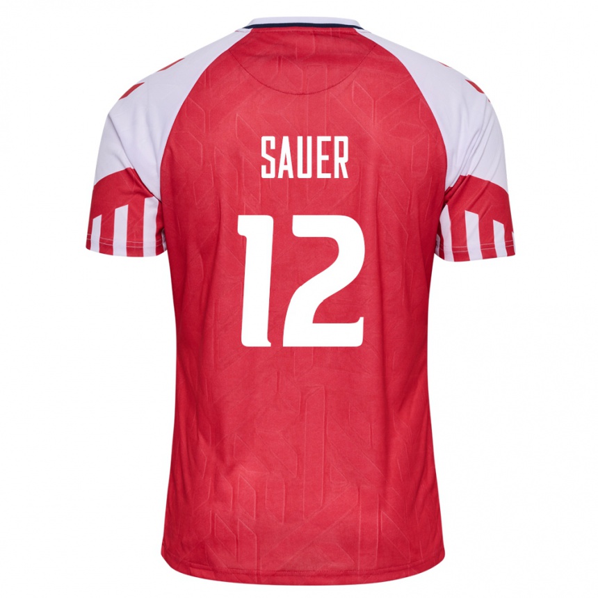キッズフットボールデンマークマティアス・ザウアー#12赤ホームシャツ24-26ジャージーユニフォーム