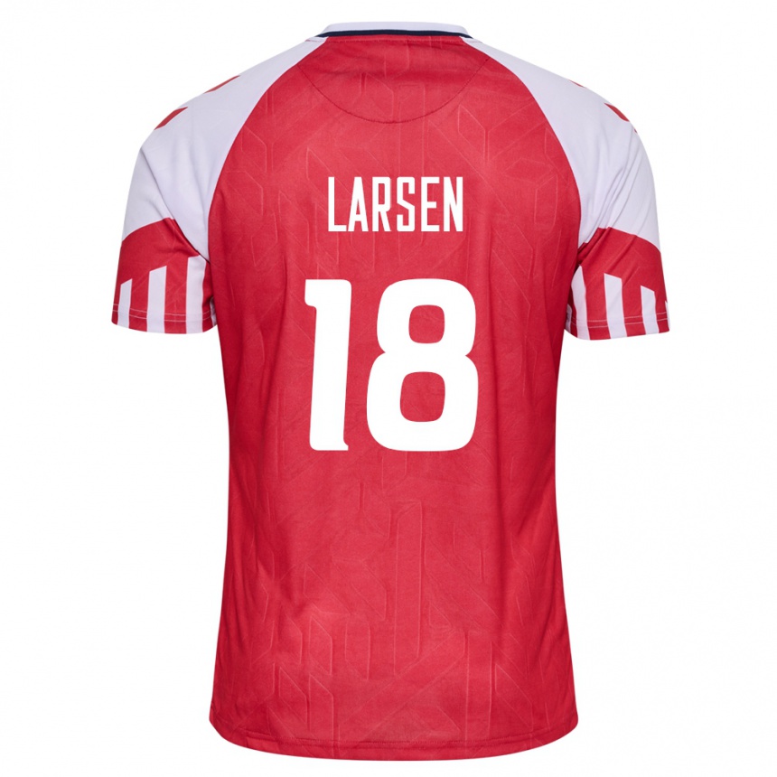 キッズフットボールデンマークルーカス・ラーセン#18赤ホームシャツ24-26ジャージーユニフォーム