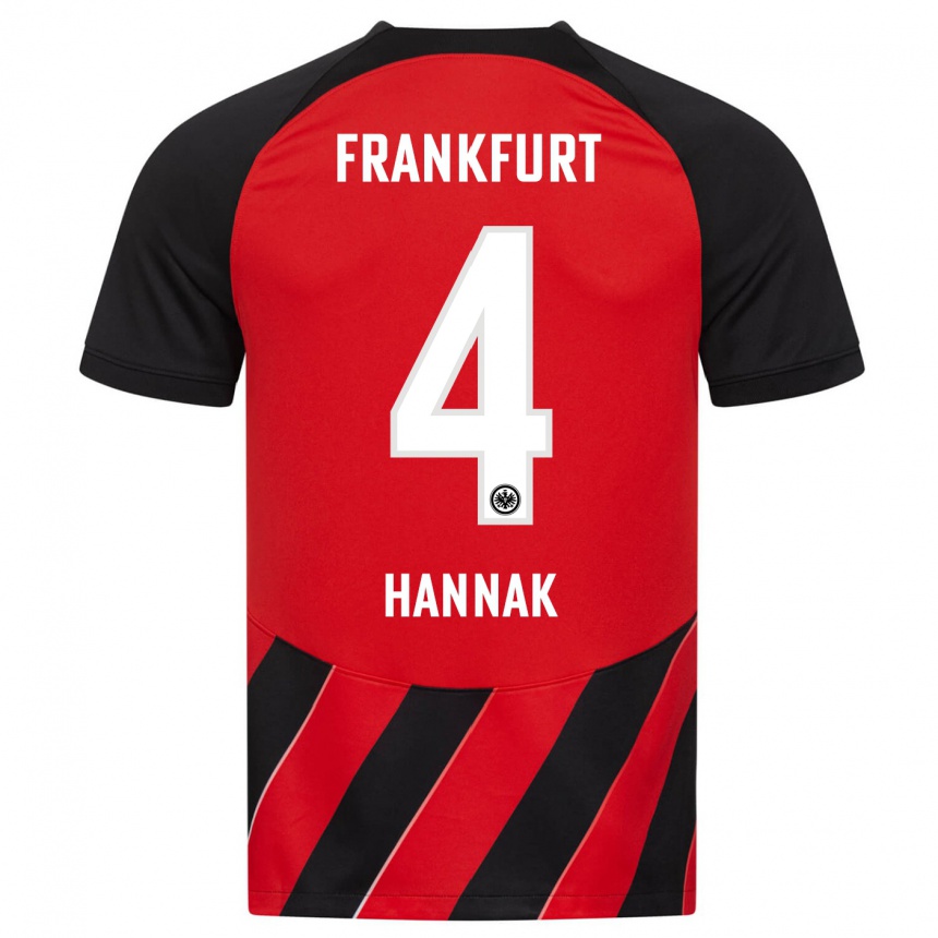 レディースフットボールティム・ハンナック#4赤、黒ホームシャツ2023/24ジャージーユニフォーム
