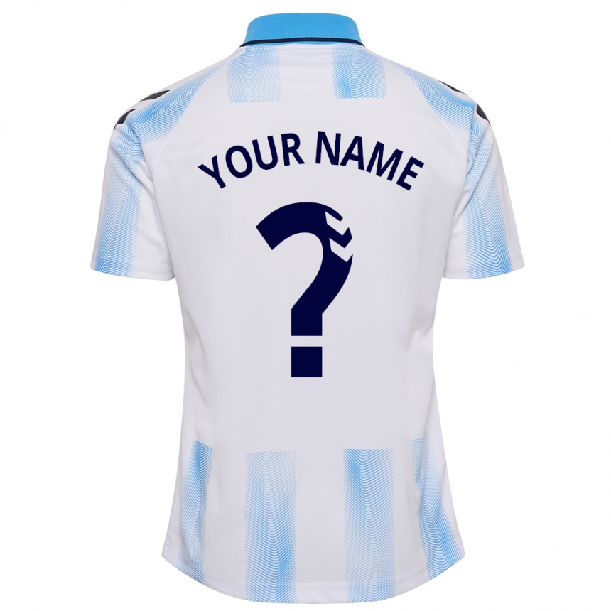 キッズフットボールあなたの名前#0白青ホームシャツ2023/24ジャージーユニフォーム