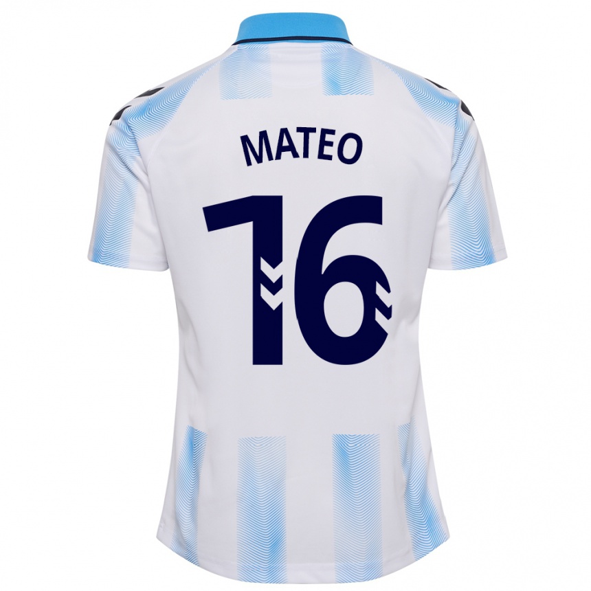 キッズフットボールエンジェル・マテオ#16白青ホームシャツ2023/24ジャージーユニフォーム
