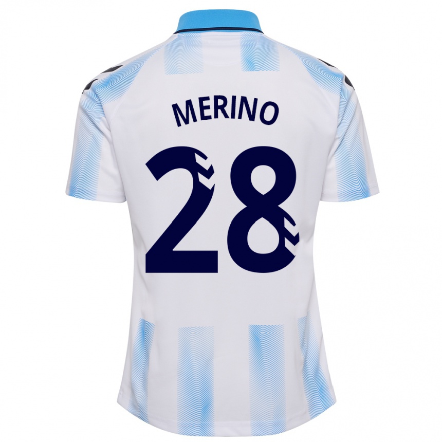 キッズフットボールイザン・メリーノ・ロドリゲス#28白青ホームシャツ2023/24ジャージーユニフォーム