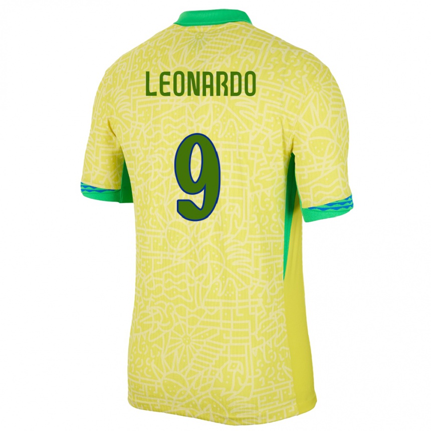 キッズフットボールブラジルマルコス・レオナルド#9黄ホームシャツ24-26ジャージーユニフォーム