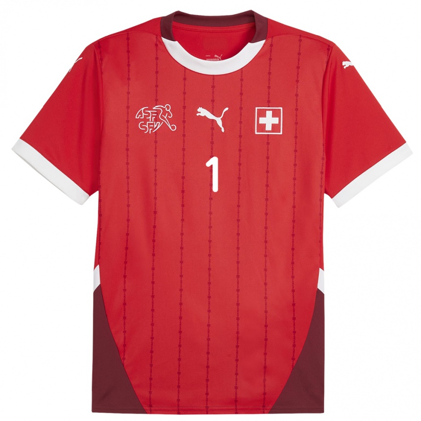 キッズフットボールスイスティム・スピッヒャー#1赤ホームシャツ24-26ジャージーユニフォーム
