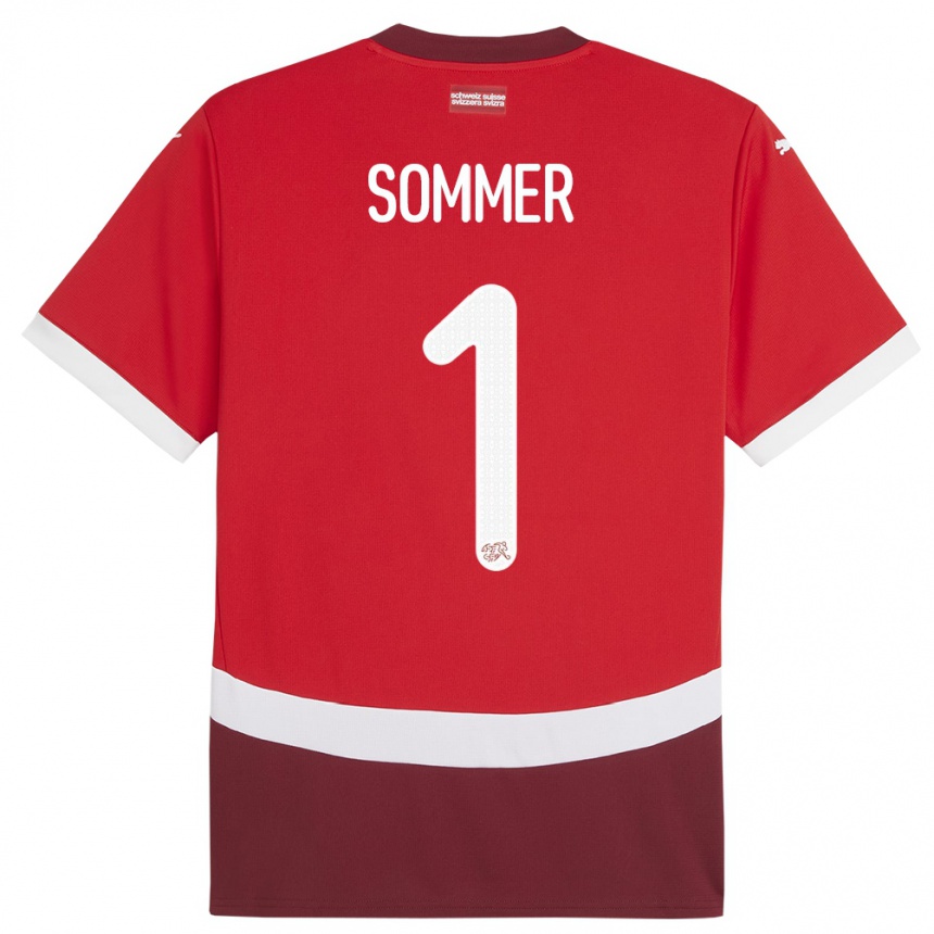 キッズフットボールスイスヤン・ゾマー#1赤ホームシャツ24-26ジャージーユニフォーム