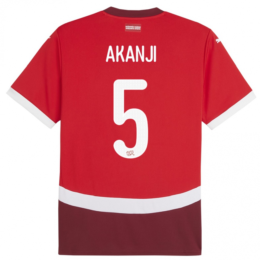 キッズフットボールスイスマヌエル・アカン#5赤ホームシャツ24-26ジャージーユニフォーム