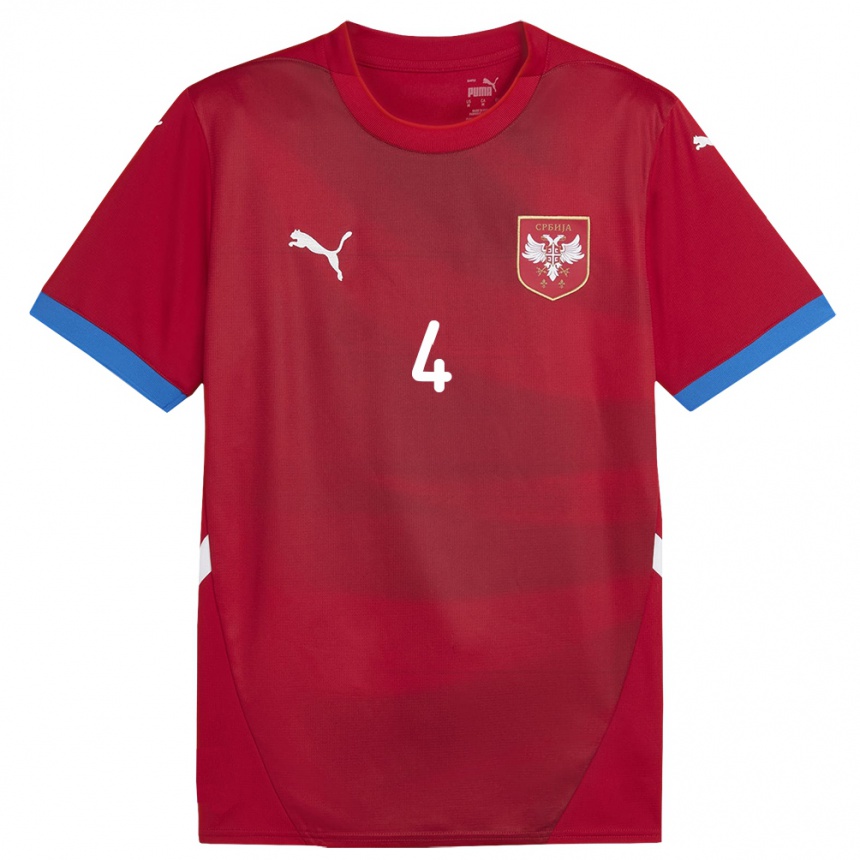 キッズフットボールセルビアニコラ・ペトコビッチ#4赤ホームシャツ24-26ジャージーユニフォーム
