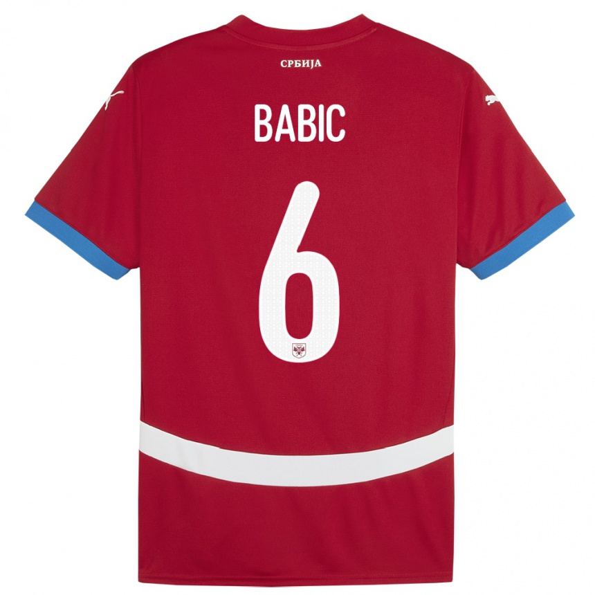 キッズフットボールセルビアスルジャン・バビッチ#6赤ホームシャツ24-26ジャージーユニフォーム