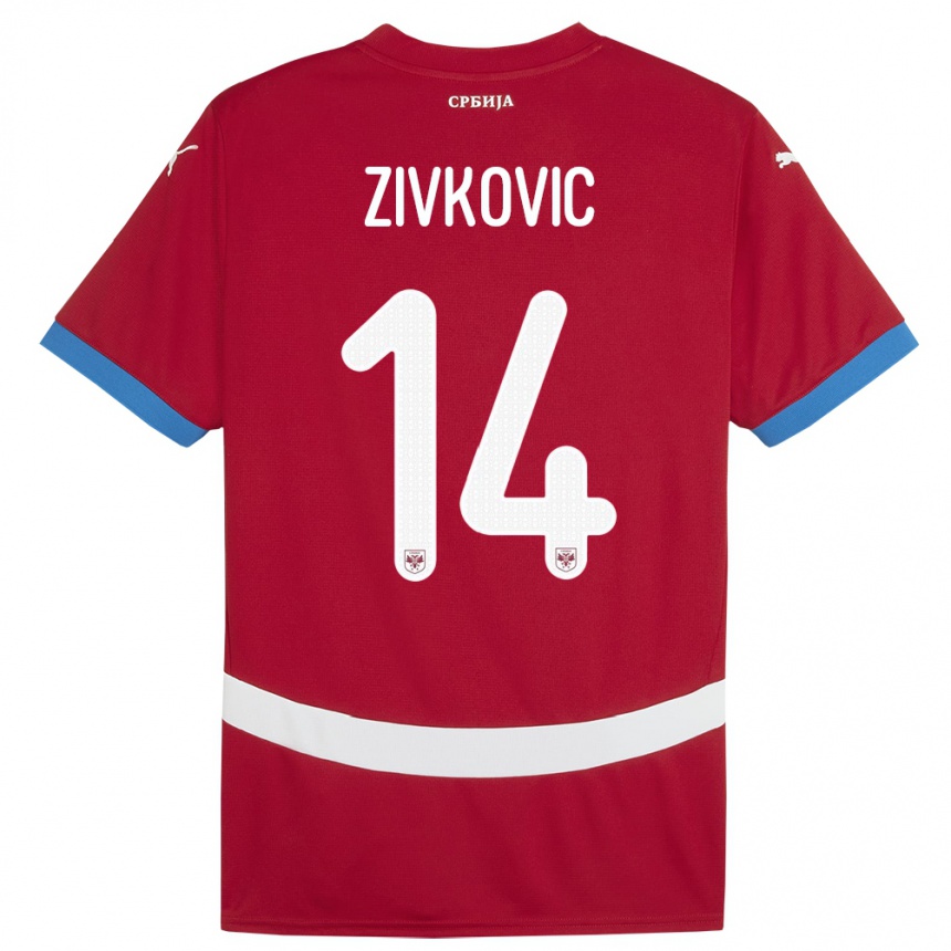キッズフットボールセルビアアンドリヤ・ジヴコヴィッチ#14赤ホームシャツ24-26ジャージーユニフォーム
