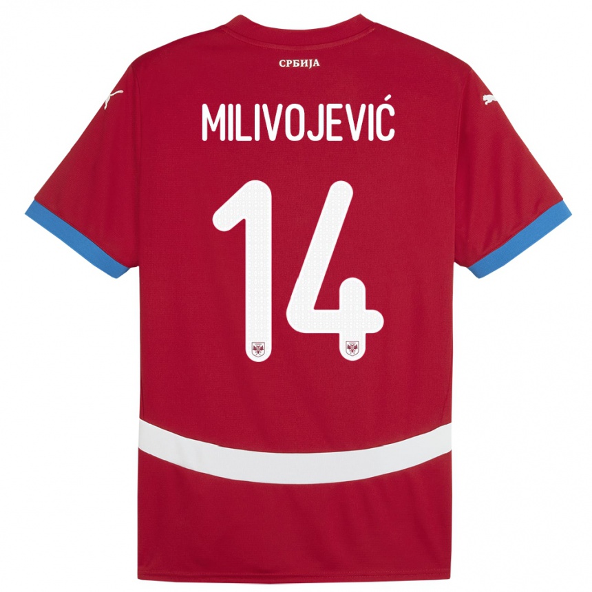 キッズフットボールセルビアヴェスナ・ミリヴォイェヴィッチ#14赤ホームシャツ24-26ジャージーユニフォーム