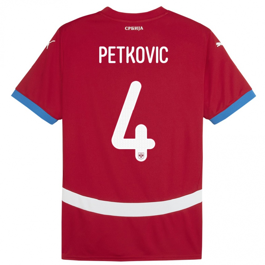 キッズフットボールセルビアニコラ・ペトコビッチ#4赤ホームシャツ24-26ジャージーユニフォーム
