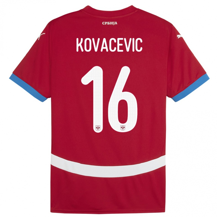 キッズフットボールセルビアボヤン・コヴァチェヴィッチ#16赤ホームシャツ24-26ジャージーユニフォーム