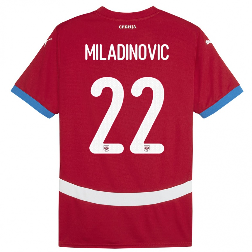 キッズフットボールセルビアイゴール・ミラディノビッチ#22赤ホームシャツ24-26ジャージーユニフォーム