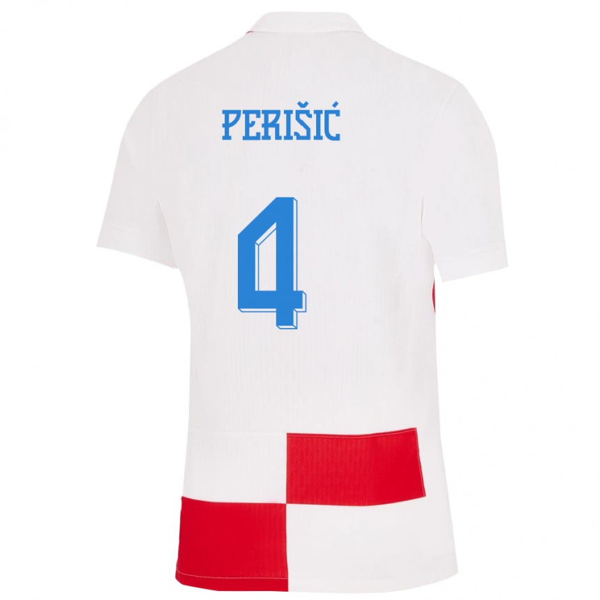 キッズフットボールクロアチアイヴァン・ペリシッチ#4赤、白ホームシャツ24-26ジャージーユニフォーム