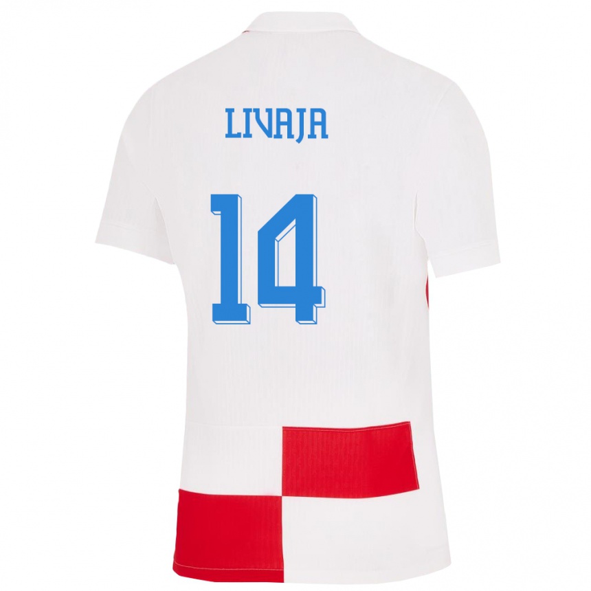 キッズフットボールクロアチアマルコ・リヴァヤ#14赤、白ホームシャツ24-26ジャージーユニフォーム