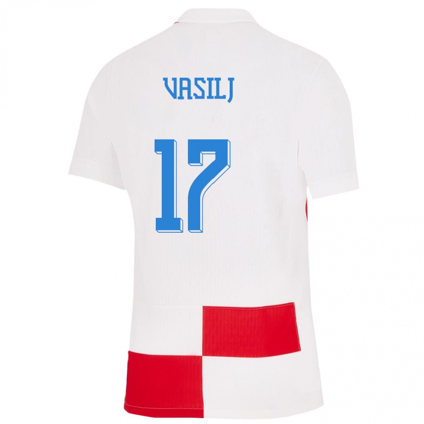キッズフットボールクロアチアヤコヴ・アントン・ヴァシリ#17赤、白ホームシャツ24-26ジャージーユニフォーム