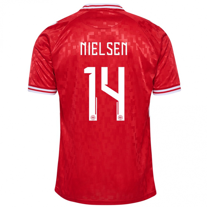 キッズフットボールデンマークジュリアス・ニールセン#14赤ホームシャツ24-26ジャージーユニフォーム