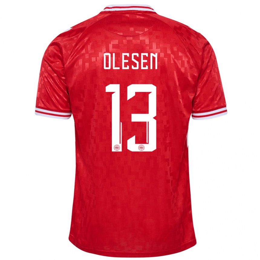 キッズフットボールデンマークキャロライン・オレセン#13赤ホームシャツ24-26ジャージーユニフォーム