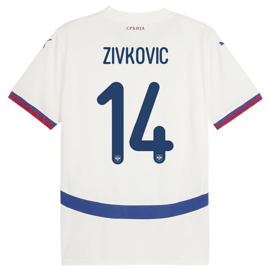 キッズフットボールセルビアアンドリヤ・ジヴコヴィッチ#14白アウェイシャツ24-26ジャージーユニフォーム