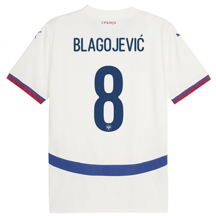 キッズフットボールセルビアダイナ・ブラゴイェビッチ#8白アウェイシャツ24-26ジャージーユニフォーム