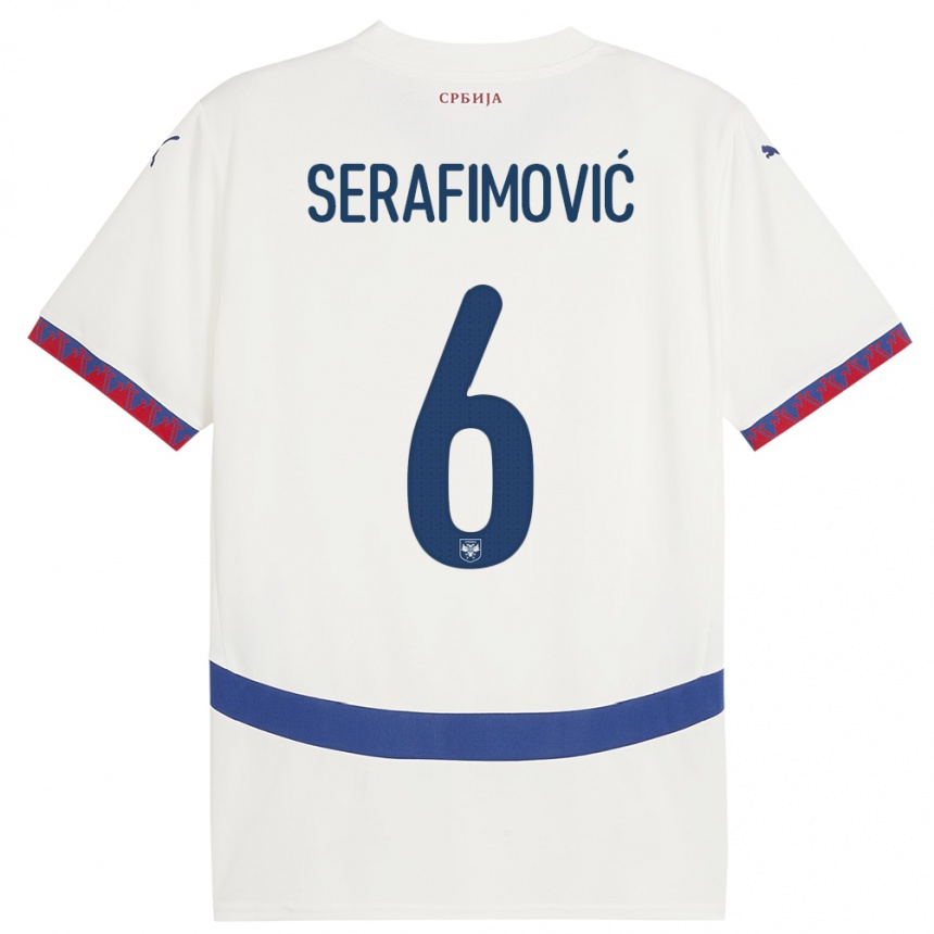 キッズフットボールセルビアヴォジン・セラフィモビッチ#6白アウェイシャツ24-26ジャージーユニフォーム
