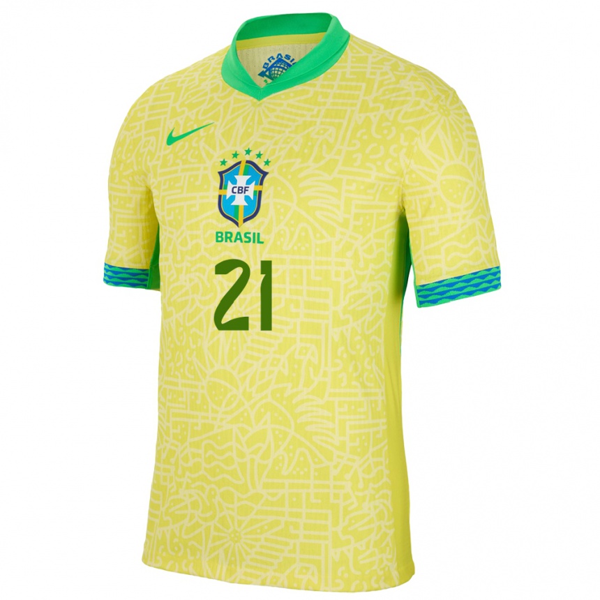メンズフットボールブラジルマテウス・サントス・カルネイロ・ダ#21黄ホームシャツ24-26ジャージーユニフォーム