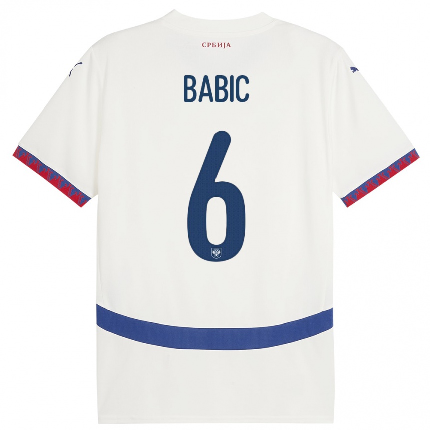 メンズフットボールセルビアスルジャン・バビッチ#6白アウェイシャツ24-26ジャージーユニフォーム