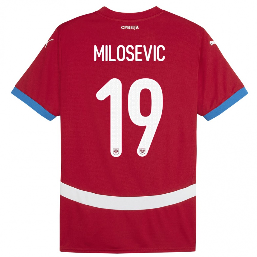 レディースフットボールセルビアヨヴァン・ミロシェヴィッチ#19赤ホームシャツ24-26ジャージーユニフォーム