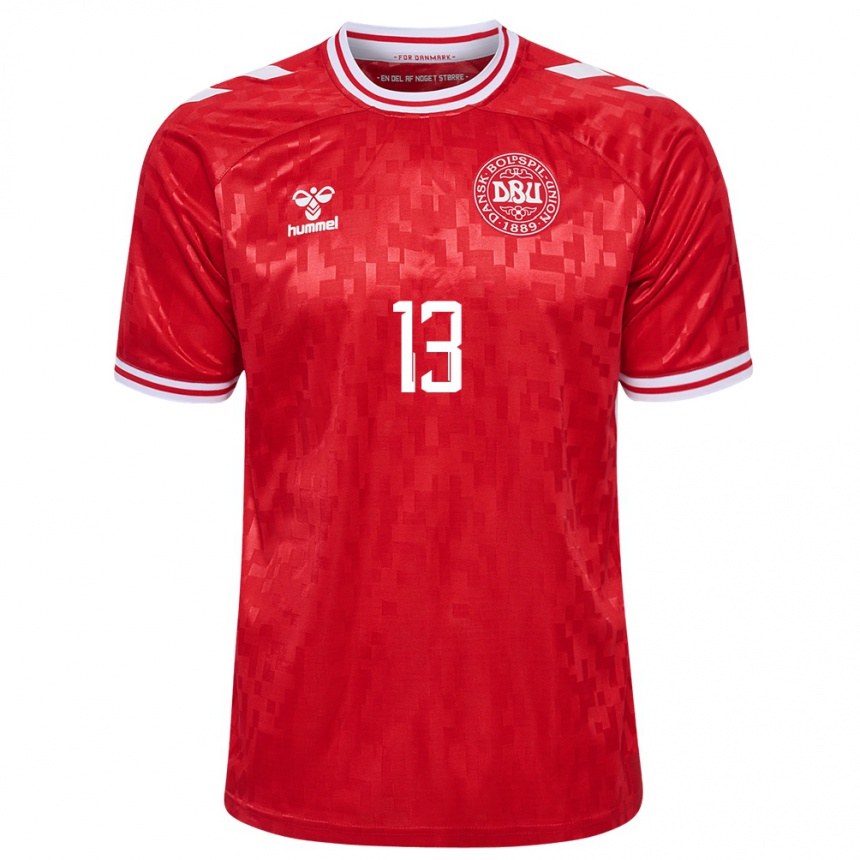 レディースフットボールデンマークモルテン・ヒュルマンド#13赤ホームシャツ24-26ジャージーユニフォーム