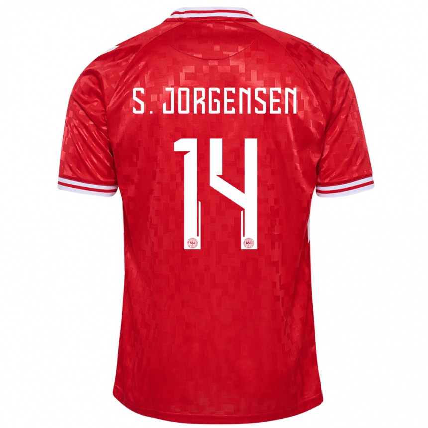 レディースフットボールデンマークセバスティアン・ヨルゲンセン#14赤ホームシャツ24-26ジャージーユニフォーム