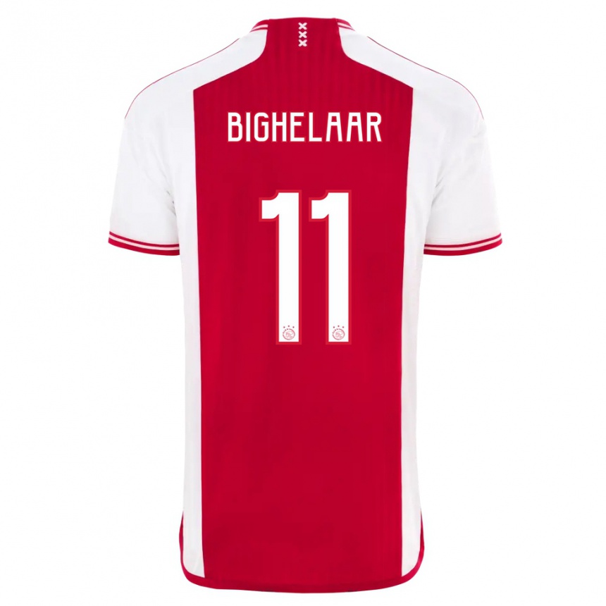 キッズフットボールマジョリン・ヴァン・デン・ビゲラー#11赤白ホームシャツ2023/24ジャージーユニフォーム