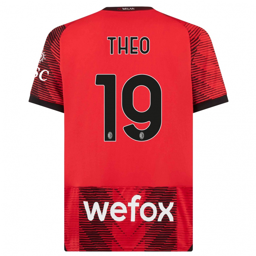 キッズフットボールテオ・エルナンデス#19赤、黒ホームシャツ2023/24ジャージーユニフォーム