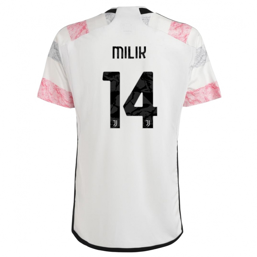 キッズフットボールアルカディウシュ・ミリク#14ホワイトピンクアウェイシャツ2023/24ジャージーユニフォーム