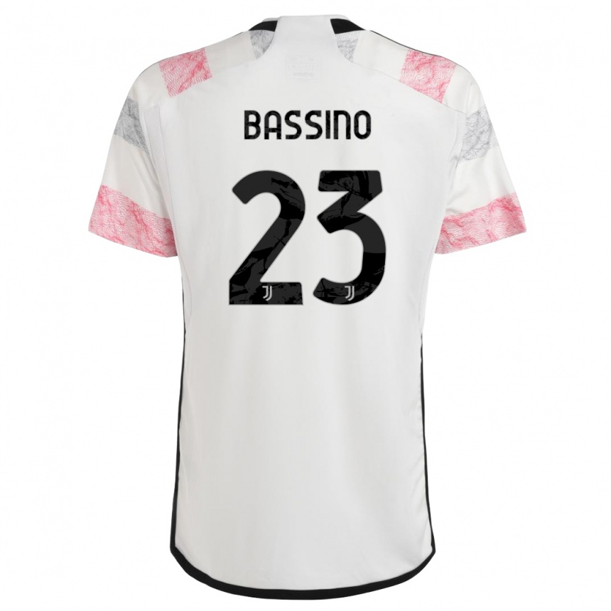 キッズフットボールアレサンドロ・バッシーノ#23ホワイトピンクアウェイシャツ2023/24ジャージーユニフォーム