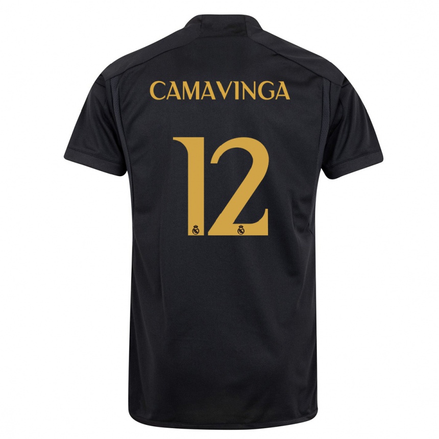 キッズフットボールエドゥアルド・カマヴィンガ#12黒サードユニフォームシャツ2023/24ジャージーユニフォーム