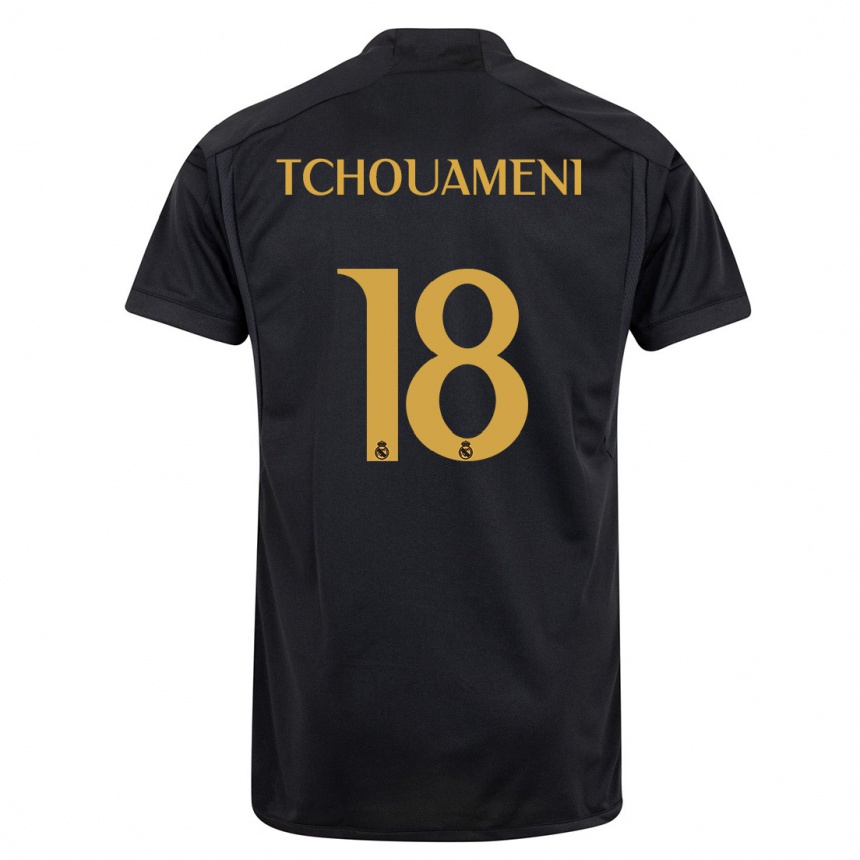 キッズフットボールオーレリアン・チュアメニ#18黒サードユニフォームシャツ2023/24ジャージーユニフォーム