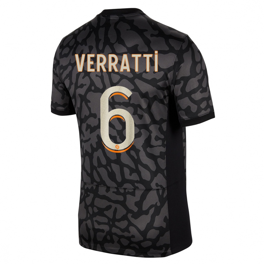 キッズフットボールマルコ・ヴェッラッティ#6黒サードユニフォームシャツ2023/24ジャージーユニフォーム